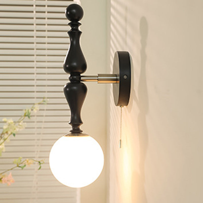 Traditional Vintage Cylinder Orb Wood Aluminum Frame Glass 1-Light Wall Sconce Lamp For Bedroom
