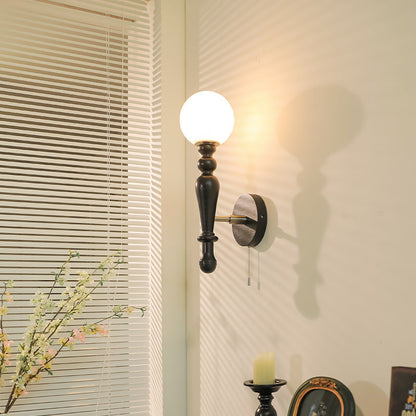 Traditional Vintage Cylinder Orb Wood Aluminum Frame Glass 1-Light Wall Sconce Lamp For Bedroom