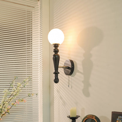 Traditional Vintage Cylinder Orb Wood Aluminum Frame Glass 1-Light Wall Sconce Lamp For Bedroom