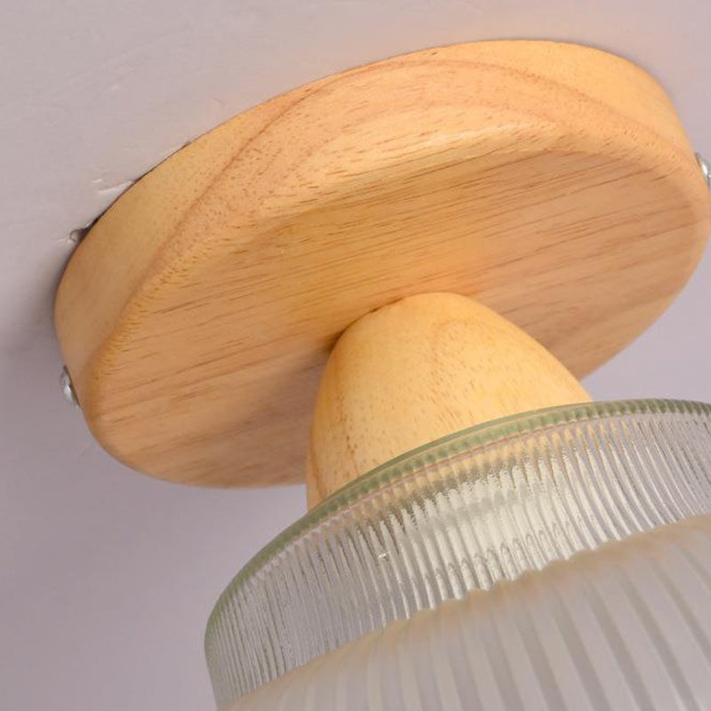 Contemporary Retro Round Dome Bowl Wood Glass 1-Light Semi-Flush Mount Ceiling Light For Living Room