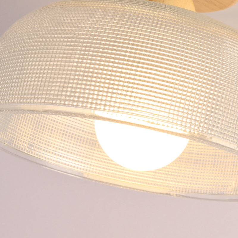 Contemporary Retro Round Dome Bowl Wood Glass 1-Light Semi-Flush Mount Ceiling Light For Living Room