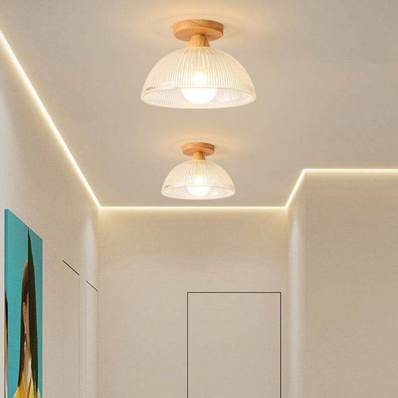 Contemporary Retro Round Dome Bowl Wood Glass 1-Light Semi-Flush Mount Ceiling Light For Living Room