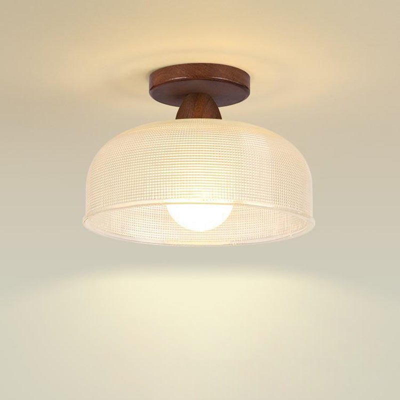 Contemporary Retro Round Dome Bowl Wood Glass 1-Light Semi-Flush Mount Ceiling Light For Living Room