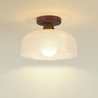 Contemporary Retro Round Dome Bowl Wood Glass 1-Light Semi-Flush Mount Ceiling Light For Living Room