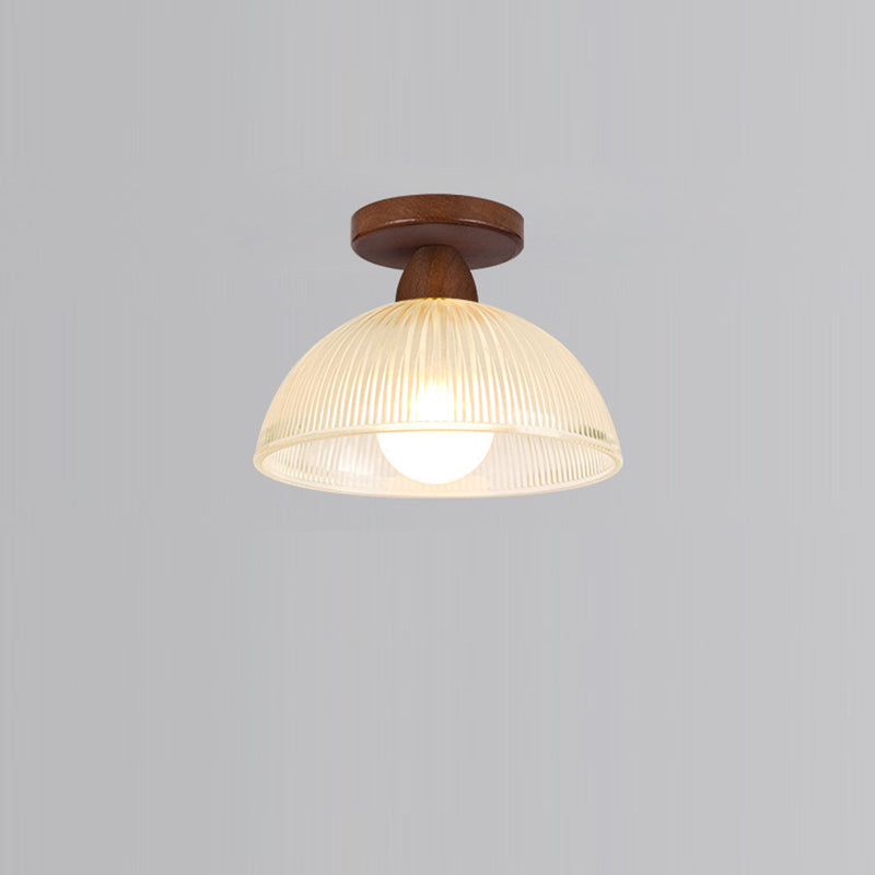 Contemporary Retro Round Dome Bowl Wood Glass 1-Light Semi-Flush Mount Ceiling Light For Living Room