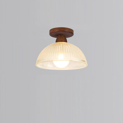 Contemporary Retro Round Dome Bowl Wood Glass 1-Light Semi-Flush Mount Ceiling Light For Living Room