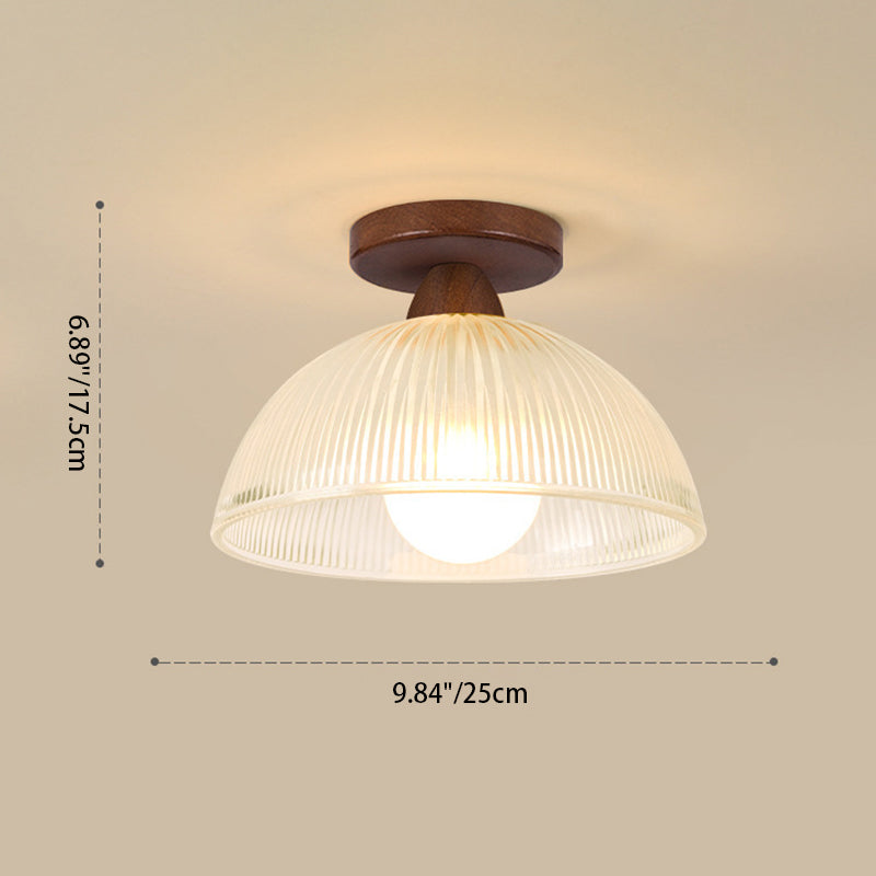 Contemporary Retro Round Dome Bowl Wood Glass 1-Light Semi-Flush Mount Ceiling Light For Living Room