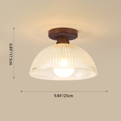 Contemporary Retro Round Dome Bowl Wood Glass 1-Light Semi-Flush Mount Ceiling Light For Living Room