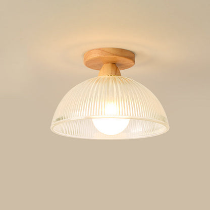 Contemporary Retro Round Dome Bowl Wood Glass 1-Light Semi-Flush Mount Ceiling Light For Living Room
