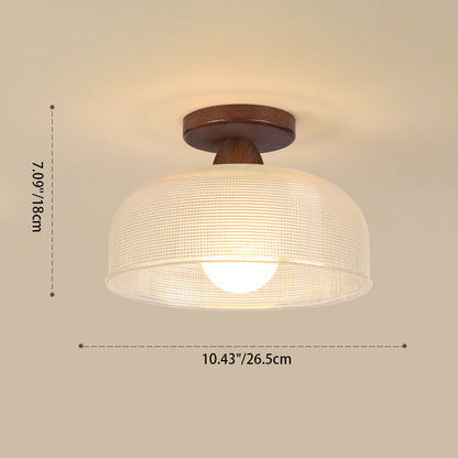 Contemporary Retro Round Dome Bowl Wood Glass 1-Light Semi-Flush Mount Ceiling Light For Living Room