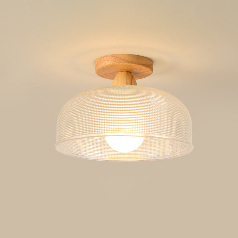 Contemporary Retro Round Dome Bowl Wood Glass 1-Light Semi-Flush Mount Ceiling Light For Living Room