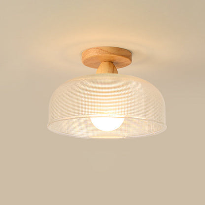 Contemporary Retro Round Dome Bowl Wood Glass 1-Light Semi-Flush Mount Ceiling Light For Living Room