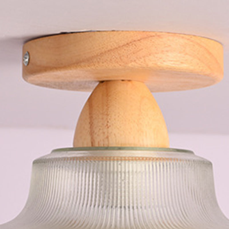 Contemporary Retro Round Dome Bowl Wood Glass 1-Light Semi-Flush Mount Ceiling Light For Living Room