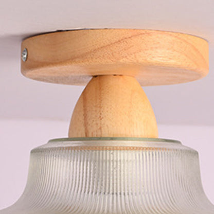 Contemporary Retro Round Dome Bowl Wood Glass 1-Light Semi-Flush Mount Ceiling Light For Living Room