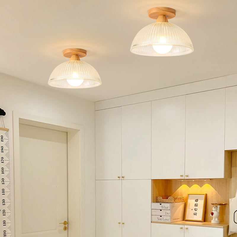 Contemporary Retro Round Dome Bowl Wood Glass 1-Light Semi-Flush Mount Ceiling Light For Living Room