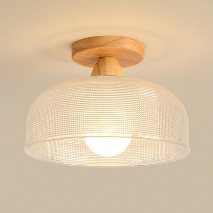 Contemporary Retro Round Dome Bowl Wood Glass 1-Light Semi-Flush Mount Ceiling Light For Living Room