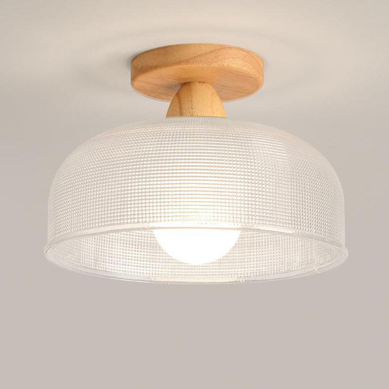 Contemporary Retro Round Dome Bowl Wood Glass 1-Light Semi-Flush Mount Ceiling Light For Living Room