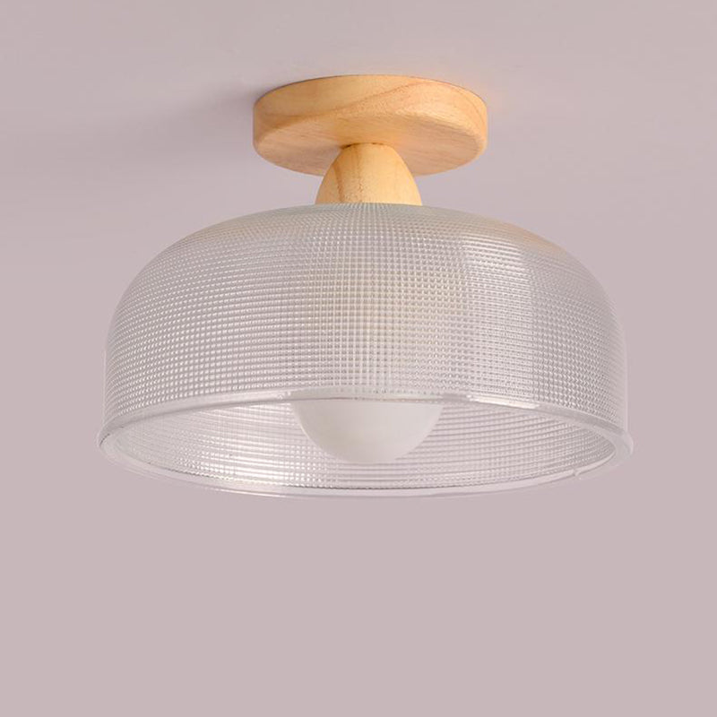 Contemporary Retro Round Dome Bowl Wood Glass 1-Light Semi-Flush Mount Ceiling Light For Living Room