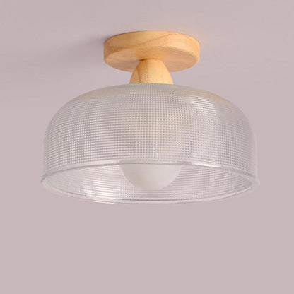 Contemporary Retro Round Dome Bowl Wood Glass 1-Light Semi-Flush Mount Ceiling Light For Living Room