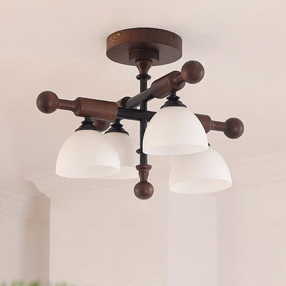 Traditional French Cross Dome Bowl Hardware Wood Frame Glass Shade 4-Light Semi-Flush Mount Ceiling Light For Living Room