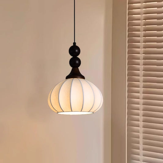 Traditional Japanese Oval Round Orb Wood Grain Iron Frame Fabric Shade 1-Light Pendant Light For Living Room