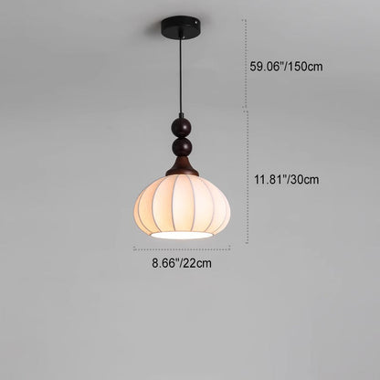 Traditional Japanese Oval Round Orb Wood Grain Iron Frame Fabric Shade 1-Light Pendant Light For Living Room