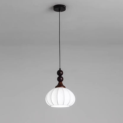 Traditional Japanese Oval Round Orb Wood Grain Iron Frame Fabric Shade 1-Light Pendant Light For Living Room