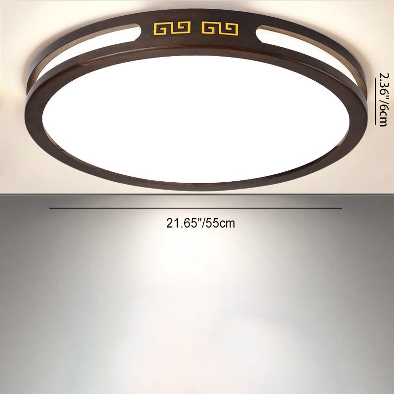 伝統的な中国風の円形四角形ラバーウッドフレームアクリルシェードLEDフラッシュマウントシーリングライト寝室用