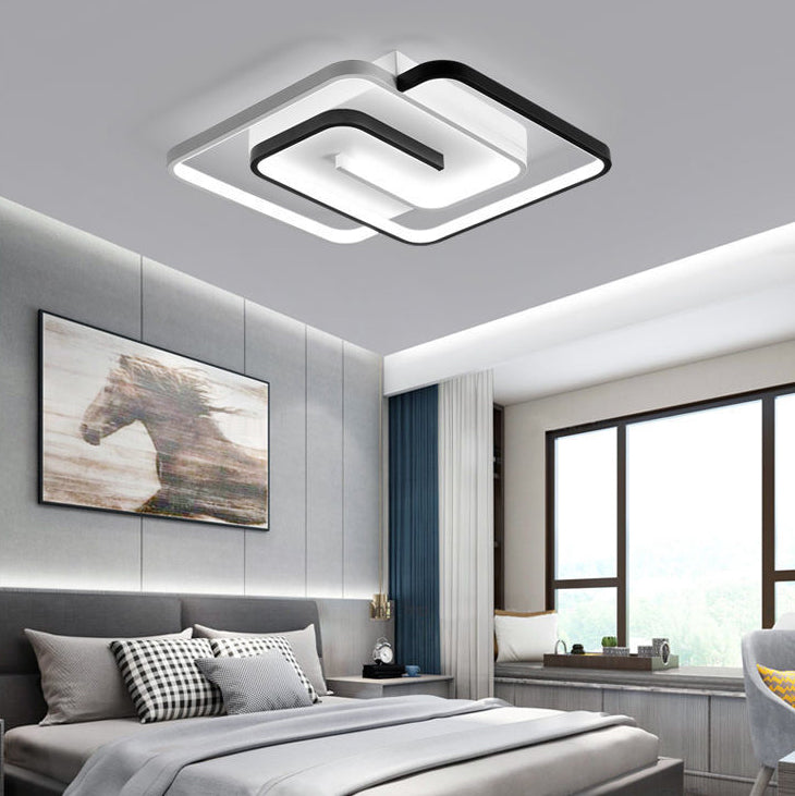 Modern Minimalist Square Line Iron PVC LED Semi-Flush Mount Ceiling Light For Bedroom