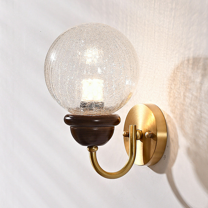 Contemporary Retro Curved Pole Orb Full Brass Wood Frame Glass Shade 1-Light Wall Sconce Lamp For Living Room
