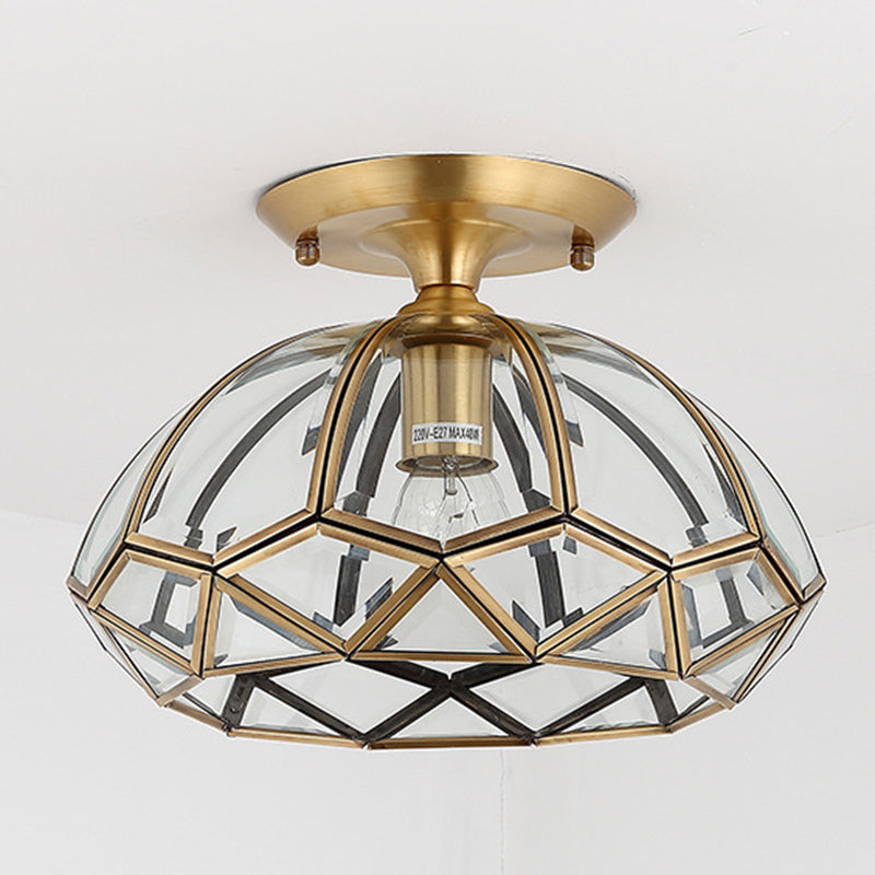 Modern Luxury Round Dome Diamond Shape Brass Frame Glass Shade 1-Light Semi-Flush Mount Ceiling Light For Living Room