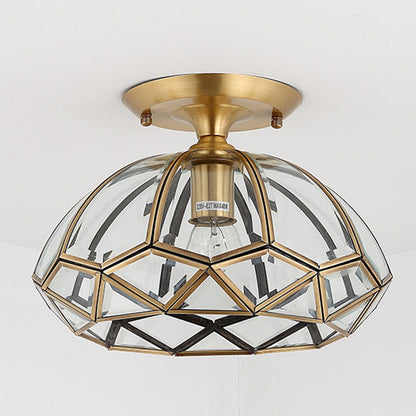 Modern Luxury Round Dome Diamond Shape Brass Frame Glass Shade 1-Light Semi-Flush Mount Ceiling Light For Living Room