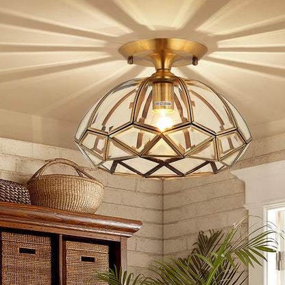 Modern Luxury Round Dome Diamond Shape Brass Frame Glass Shade 1-Light Semi-Flush Mount Ceiling Light For Living Room