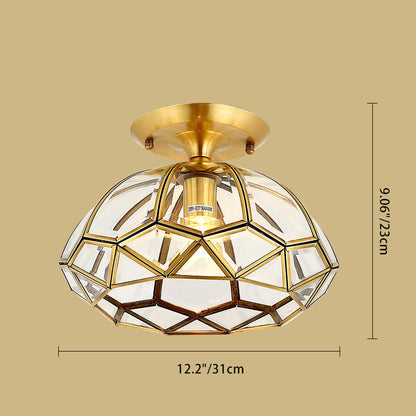 Modern Luxury Round Dome Diamond Shape Brass Frame Glass Shade 1-Light Semi-Flush Mount Ceiling Light For Living Room
