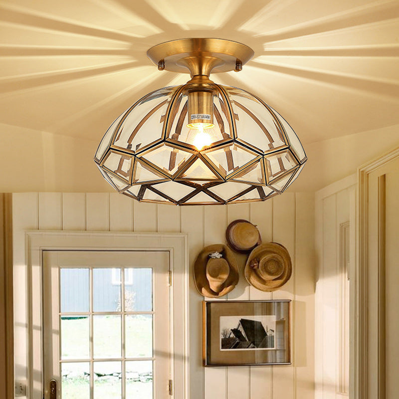 Modern Luxury Round Dome Diamond Shape Brass Frame Glass Shade 1-Light Semi-Flush Mount Ceiling Light For Living Room