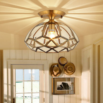Modern Luxury Round Dome Diamond Shape Brass Frame Glass Shade 1-Light Semi-Flush Mount Ceiling Light For Living Room