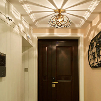 Modern Luxury Round Dome Diamond Shape Brass Frame Glass Shade 1-Light Semi-Flush Mount Ceiling Light For Living Room