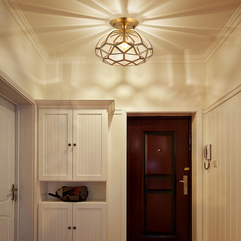 Modern Luxury Round Dome Diamond Shape Brass Frame Glass Shade 1-Light Semi-Flush Mount Ceiling Light For Living Room
