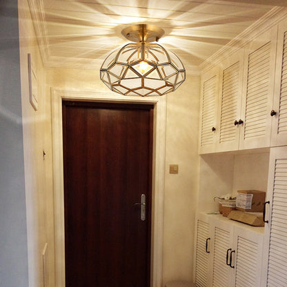 Modern Luxury Round Dome Diamond Shape Brass Frame Glass Shade 1-Light Semi-Flush Mount Ceiling Light For Living Room