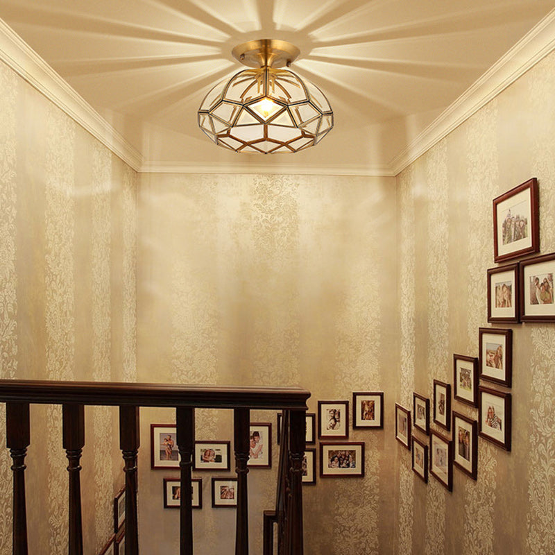 Modern Luxury Round Dome Diamond Shape Brass Frame Glass Shade 1-Light Semi-Flush Mount Ceiling Light For Living Room
