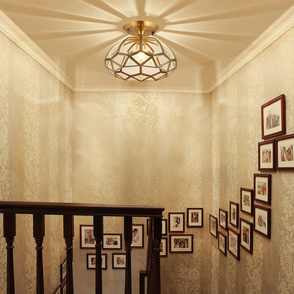 Modern Luxury Round Dome Diamond Shape Brass Frame Glass Shade 1-Light Semi-Flush Mount Ceiling Light For Living Room