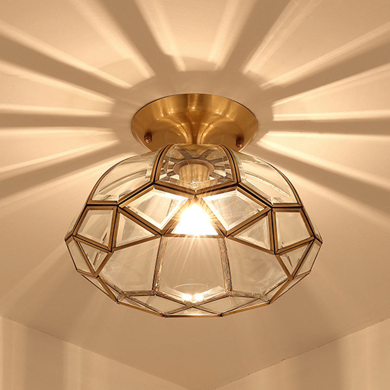Modern Luxury Round Dome Diamond Shape Brass Frame Glass Shade 1-Light Semi-Flush Mount Ceiling Light For Living Room