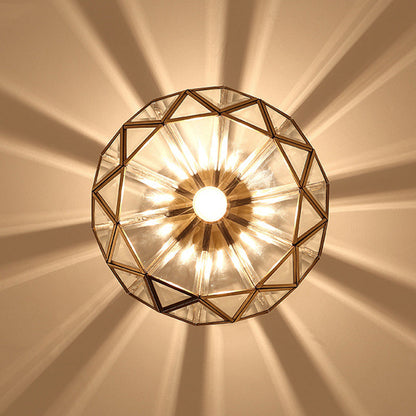 Modern Luxury Round Dome Diamond Shape Brass Frame Glass Shade 1-Light Semi-Flush Mount Ceiling Light For Living Room