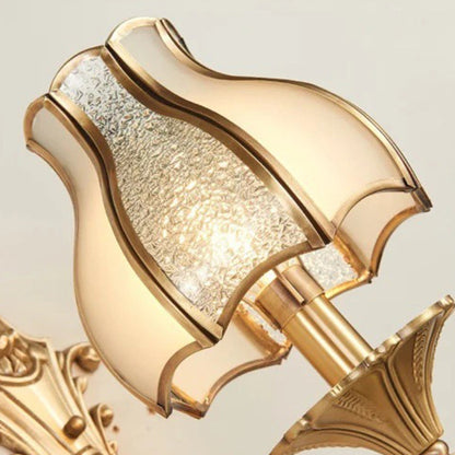 Modern Luxury Curved Rod Flower Shape Candle Holder Full Brass Frame Glass Shade 1/2 Light Wall Sconce Lamp For Living Room