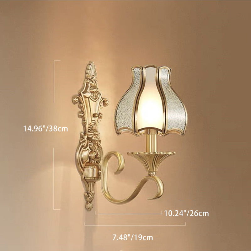 Modern Luxury Curved Rod Flower Shape Candle Holder Full Brass Frame Glass Shade 1/2 Light Wall Sconce Lamp For Living Room