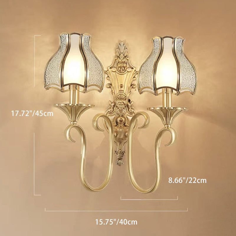 Modern Luxury Curved Rod Flower Shape Candle Holder Full Brass Frame Glass Shade 1/2 Light Wall Sconce Lamp For Living Room