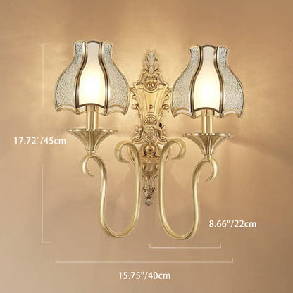 Modern Luxury Curved Rod Flower Shape Candle Holder Full Brass Frame Glass Shade 1/2 Light Wall Sconce Lamp For Living Room