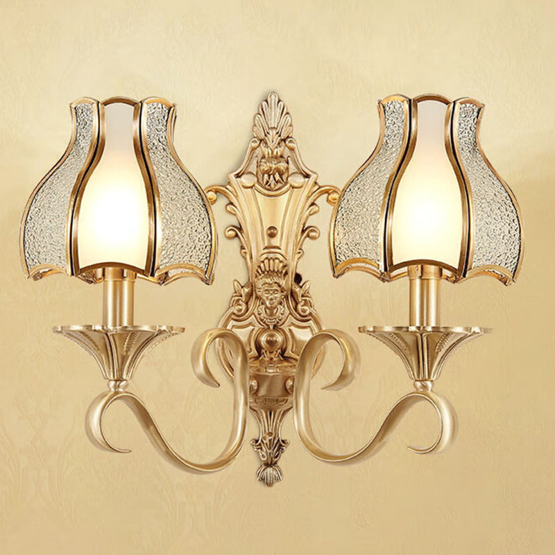 Modern Luxury Curved Rod Flower Shape Candle Holder Full Brass Frame Glass Shade 1/2 Light Wall Sconce Lamp For Living Room