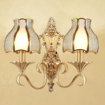 Modern Luxury Curved Rod Flower Shape Candle Holder Full Brass Frame Glass Shade 1/2 Light Wall Sconce Lamp For Living Room