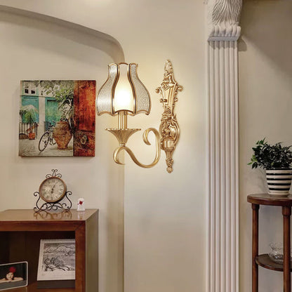 Modern Luxury Curved Rod Flower Shape Candle Holder Full Brass Frame Glass Shade 1/2 Light Wall Sconce Lamp For Living Room